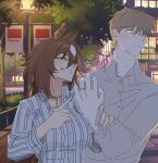  1boy 1girl adultwithapen animal_ears blush brown_hair diamond_(shape) ear_ornament gold_necklace grabbing_another's_arm green_eyes highres horse_ears horse_girl husband_and_wife jewelry lamppost long_hair multicolored_hair necklace open_mouth park pointing red_eyes ring shirt short_hair sirius_symboli_(casual)_(umamusume) sirius_symboli_(umamusume) smirk striped_clothes teeth trainer_(umamusume) tree umamusume wedding_ring 