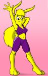 3_toes 4_fingers anthro areola artist_name bangs barefoot biped breasts buckteeth clothed clothed_anthro clothed_female clothing color_contrast digital_drawing_(artwork) digital_media_(artwork) digitigrade epic_games eyelashes feet female female_anthro fingers full-length_portrait fur hair hand_behind_head hare hi_res jazz_jackrabbit_(series) lagomorph leporid long_hair looking_at_viewer lori_jackrabbit mammal medium_breasts nipple_outline panties ponytail portrait pose raised_arm scut_tail shaded short_tail simple_shading solo standing tail teeth text three-quarter_view toes unbakable underwear workout_clothing yellow_body yellow_fur