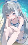  1girl absurdres beach blue_eyes breasts chisei259 cleavage commentary_request female_tyrant_(stella_sora) female_tyrant_(swimsuit)_(stella_sora) grey_hair hairband highres long_hair looking_at_viewer open_mouth ponytail sitting small_breasts solo stella_sora swimsuit tyrant_(stella_sora) water white_hairband 