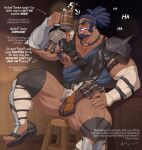  1boy alcohol armpit_hair bara beer beer_mug buccar_(fire_emblem) commentary cup dark-skinned_male dark_penis dark_skin english_commentary english_text erection facial_hair fire_emblem fire_emblem:_fortune's_weave goatee highres holding holding_cup indoors large_pectorals large_penis long_sideburns male_focus mug muscular muscular_arms muscular_male nipples o-ring open_mouth pectorals penis quuynart sideburns sitting solo testicles thick_thighs thighs variant_set veins 