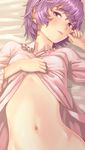  bed bed_sheet breasts buttons dress face hair_tousle hairband hands heart highres komeiji_satori lips lying midriff navel open_clothes open_shirt purple_eyes purple_hair shiba_itsuki shirt short_hair small_breasts solo touhou unbuttoned 