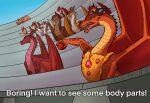 ambiguous_gender angry brown_body brown_scales claws countershade_torso countershading crystalrime dialogue dragon english_text european_mythology feral finger_claws food fruit group horn long_neck low-angle_view membrane_(anatomy) membranous_wings mudwing_(wof) mythological_creature mythological_scalie mythology nose_spike orange_body orange_scales plant red_body red_eyes red_scales sandwing_(wof) scales scalie scarlet_(wof) skywing_(wof) snout text tomato vermilion_(wof) western_dragon wings wings_of_fire yellow_eyes