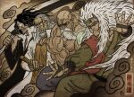  4boys bald black_hair bleach chien_chih_kang commentary crossover dragon_ball dragon_ball_(classic) english_commentary facial_mark forehead_protector green_haori haori highres holding holding_sword holding_weapon japanese_clothes jiraiya_(naruto) long_hair male_focus multiple_boys multiple_crossover muscular muscular_male muten_roushi naruto_(classic) naruto_(series) old old_man one_piece shirt silvers_rayleigh sunglasses sword tear_troughs trait_connection very_long_hair weapon white_shirt zangetsu_(bleach) zangetsu_(shikai) 