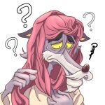 1:1 2026 alejandro_(shima_spain_village) anthro biped canid canine canis clothed clothing confusion elderly grey_body headgear headwear hi_res humanoid_hands lunakichi male mammal pupils question_mark red_clothing red_headwear religious_clothing religious_headwear shima_spain_village_parque_espana simple_background small_pupils solo topwear turban white_background wolf yellow_clothing yellow_sclera yellow_topwear