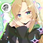  1girl black_robe blonde_hair blush closed_mouth commentary_request diagonal-striped_background earrings fang fang_out forehead genderswap genderswap_(mtf) green_eyes green_necktie hands_up hogwarts_school_uniform hood hood_down hooded_robe hoop_earrings interlocked_fingers jewelry kou_hiyoyo long_hair long_sleeves malfoid necktie parted_bangs pixelated robe school_uniform shirt solo sparkle split_mouth spoken_squiggle squiggle striped_background sweater_vest upper_body v-shaped_eyebrows white_shirt wizarding_world 