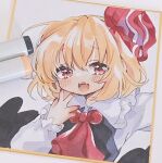  1girl :o art_tools_in_frame ascot black_vest commentary_request fangs frilled_shirt_collar frills hair_between_eyes hair_ribbon highres long_sleeves marker marker_(medium) moni_monico open_mouth red_ascot red_eyes red_nails red_ribbon ribbon rumia shirt short_hair solo touhou traditional_media upper_body vest white_shirt 