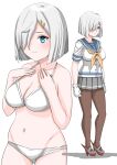  1girl 30-06 absurdres arms_at_sides bikini black_pantyhose blue_eyes blue_sailor_collar breasts closed_mouth commentary cowboy_shot full_body gloves grey_hair grey_skirt hair_ornament hair_over_one_eye hairclip hamakaze_(kancolle) hands_on_own_chest hands_up highres kantai_collection large_breasts lowleg lowleg_bikini miniskirt multiple_views navel neckerchief one_eye_covered pantyhose pleated_skirt rudder_footwear sailor_collar sailor_shirt school_uniform serafuku shirt short_hair simple_background skirt standing swimsuit white_background white_bikini white_gloves yellow_neckerchief 