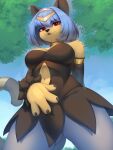 3:4 absurd_res alphadesu anthro black_clothing black_dress black_nose blue_body blue_hair breasts butt butt_from_the_front claws clothing dress eyelashes fangs felid feline female hair hi_res looking_at_viewer low-angle_view mammal multicolored_body navel neck_ring pal_(species) palmorph palworld pocketpair red_eyes sekhmet_(pal) short_hair smile smiling_at_viewer solo tail teeth two_tone_body yellow_body