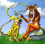 2021 3_fingers 3_toes 5_fingers 5_toes anthro arms_bent artist_logo bangs bent_leg bent_legs big_nose biped black_eyebrows black_eyes black_hair black_spots black_tail blue_eyes blue_sky breasts brown_eyebrows brown_hair cheek_spots chest_tuft cloud colored crossover crouching day digital_drawing_(artwork) digital_media_(artwork) duo english_description eye_through_hair eyebrow_through_hair eyebrows eyelashes fan_character featureless_breasts feet felid female female_anthro fingers floating_eyebrows floppy_ears fur generation_1_pokemon gesture grey_eyes hair hand_gesture happy hi_res holding_object holding_with_tail inner_ear_fluff larger_anthro larger_female light lighting logo long_ears long_hair long_tail looking_at_another lumi_(salsif_l-aigle) male male_anthro mammal markings marsupilami marsupilami_(character) marsupilami_(series) monotreme moss multicolored_body multicolored_fur navel nintendo nude nude_anthro nude_female nude_male on_rock one_eye_closed open_mouth open_smile orange_body orange_fur outside pantherine pink_tongue plant pointing pokemon pokemon_(species) prehensile_feet pupils raichu rock shaded sitting sitting_on_rock size_difference sky slim_anthro slim_female small_breasts smaller_anthro smaller_male smile smiling_at_another smiling_at_each_other space-birb spots spotted_body spotted_fur spotted_markings spotted_tail standing tail tail_markings tan_body tan_hands tan_skin thin_eyebrows toes tongue tongue_out translucent translucent_hair tuft two_tone_tail white_body white_fur white_sclera yellow_body yellow_fur yellow_inner_ear_fluff yellow_tail