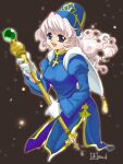  1girl blue_dress blue_eyes capelet cleric commentary crosier cross cross_necklace curly_hair dark_background dress gem gloves gold_staff green_gem hat holding holding_staff jewelry light_particles long_hair mack_(cyocorune) mitre necklace nun open_mouth original priestess signature smile sparkle staff top_hat upper_body wavy_hair white_capelet white_gloves white_hair 