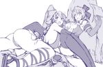  bare_shoulders blush bow braid breast_grab breasts cassandra_alexandra cleavage_cutout elbow_gloves gloves grabbing hair_bow huge_breasts long_hair lying mature metadora monochrome multiple_girls panties sandals short_hair siblings single_braid sisters sophitia_alexandra soulcalibur soulcalibur_iv thighhighs underwear 