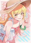  1girl absurdres bare_shoulders blonde_hair commentary dress fang hat highres long_hair looking_at_viewer monogatari_(series) open_mouth oshino_shinobu pointy_ears skin_fang smile solo sun_hat sundress tea_ramisu untranslatable_commentary white_dress yellow_eyes 