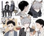  2boys :3 animal_ears black_hair blue_necktie blush chibi chibi_inset closed_mouth commentary_request dress_shirt fox_boy fox_ears fox_tail glasses grey_hair hair_between_eyes highres ikari_shinji jacket kitsune_udon male_focus multiple_boys multiple_views nagisa_kaworu necktie neon_genesis_evangelion oshio_(baniniwana) red_eyes scarf shirt sitting suit_jacket t-shirt tail translation_request white_shirt 