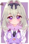  1girl absurdres animal black_hairband blush border closed_mouth commentary grey_hair hair_between_eyes hair_intakes hairband highres holding holding_animal looking_at_viewer mashu-tan medium_hair meitantei_precure! moria_luluka_(civilian) precure purple_background purple_eyes shirt sidelocks simple_background solo squiggle sugimura_mickey upper_body white_border white_shirt 