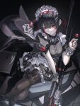  1girl argyle_clothes argyle_pantyhose black_dress black_hair black_pantyhose black_shoes breasts candy closed_mouth colored_inner_hair commentary dress ellen_joe fins fish_tail food frilled_wristband from_above hairband highres holding holding_candy holding_food holding_lollipop holding_weapon large_breasts large_tail lollipop looking_at_viewer maid_headdress metal_hairband mole mole_under_eye multicolored_hair neon_0000 pantyhose razor_blade_hair_ornament red_eyes red_nails scar scar_on_tail shark_girl shark_tail shoes short_hair sitting solo spiked_headband tail untranslatable_commentary weapon zenless_zone_zero 