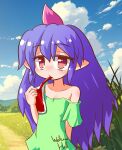  1girl blood blood_bag blush closed_mouth clothes_writing cloud collarbone commentary_request day drinking_blood drinking_straw flat_chest grass green_shirt hand_up highres horns kajiya_no_masa long_hair looking_at_viewer no_nose no_pupils one-hour_drawing_challenge outdoors pink_horns pointy_ears print_shirt purple_hair red_eyes shirt short_sleeves sidelocks single_horn single_off_shoulder solo tenkajin_chiyari touhou upper_body very_long_hair 