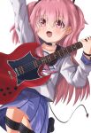  1girl :d absurdres angel_beats! arm_up black_boots black_choker blue_sailor_collar blue_skirt boots choker collarbone commentary cowboy_shot demon_tail dutch_angle eyes_visible_through_hair fang guitar hair_between_eyes hand_up highres holding holding_guitar holding_instrument instrument long_hair long_sleeves looking_at_viewer miniskirt open_mouth pink_eyes pink_hair pleated_skirt sailor_collar sailor_shirt school_uniform serafuku shinda_sekai_sensen_uniform shirt simple_background skirt smile solo sparkling_eyes standing standing_on_one_leg tail tareme thigh_strap two_side_up upskirt very_long_hair white_background white_shirt yamaki051115 yui_(angel_beats!) 