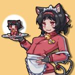  1girl animal_ear_fluff animal_ears apron black_hair cat_ears cat_girl cat_tail chibi commentary_request facial_mark forehead_mark hairband heart heart_tail highres holding holding_plate jacket korean_commentary maid_headdress multiple_tails nekomiya_mana plate red_eyes red_hairband red_jacket rogue_dojeog smile tail track_jacket two_tails waist_apron zenless_zone_zero 
