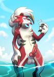 absurd_res animal_genitalia animal_penis anonymous_artist anthro balls beverage black_nose canine_genitalia canine_penis claws erection fluffy fur generation_7_pokemon genitals hi_res knot knotted_penis lemonade looking_at_viewer lycanroc male mammal midnight_lycanroc naughtyroc_(hyperionskunk) nintendo orange_body orange_fur paws penis pokemon pokemon_(species) sea sky smile solo swimming tail water white_body white_fur
