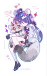  1girl acheron_(honkai:_star_rail) acheron_(lostmera)_(honkai:_star_rail) ahoge alternate_costume alternate_hairstyle animalization axue bandages bright_pupils chimera_(honkai:_star_rail) commentary expressionless full_body gloves hair_over_one_eye highres honkai:_star_rail honkai_(series) hood hood_down horns jacket multicolored_hair person_and_animalization purple_eyes purple_hair red_eyes red_horns shorts streaked_hair tail tattoo untranslatable_commentary white_background white_fur 