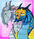 2024 anemone_(wof) blind disability dragon duo european_mythology facial_horn female feral fin frill_(anatomy) heart_symbol hi_res horn jewelry long_neck looking_at_another markings membrane_(anatomy) membranous_frill mythological_creature mythological_scalie mythology necklace nose_horn nose_spike open_mouth rainwing_(wof) scalie seawing_(wof) smile snout solarstarkat tamarin_(wof) western_dragon wings_of_fire