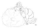 4:3 abakhanskya abakhanskya_(character) anthro avezola breasts butt claws digital_media_(artwork) dragon face_imprint female female_pred finger_claws hand_imprint hand_on_belly hand_on_hip imprint looking_at_belly lying lying_on_ground monochrome mythological_creature mythological_scalie mythology on_front on_ground prey_imprint same_size_vore scalie tail vore