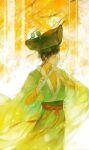  1boy all_wishes_come_true! animal_on_head artist_name bird bird_on_head black_hair branch chinese_clothes closed_eyes closed_mouth cowboy_shot dizi flute flute_tassel from_side ginkgo_leaf green_hanfu green_hat green_sash han_xiangzi_(all_wishes_come_true!) hanfu hat hat_tassel highres holding holding_flute holding_instrument instrument leaf light_particles long_sleeves male_focus miaodalizi on_head outdoors playing_flute playing_instrument profile red_sash robe sash sidelocks solo standing sunlight tassel transverse_flute tree updo wide_sleeves wind 