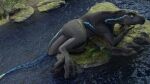 16:9 3_fingers anus asttorad black_body blue_eyes body_in_vagina body_inside body_inside_body claws curling_toes dinosaur duo feet female female_feral feral fingers genitals hi_res hindpaw interceptor lizard male male/female paws penis plant prehistoric_species reptile scalie size_difference tail toe_claws vaginal vulva widescreen ziina