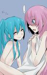  2girls aqua_hair bad_id bad_pixiv_id blush_stickers closed_eyes covering embarrassed hair_over_breasts hatsune_miku long_hair megurine_luka mizuki_(koko_lost) multiple_girls naked_sheet nude nude_cover smile tears twintails vocaloid yuri 