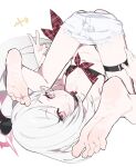  1girl barefoot bikini bikini_top_only black_bikini blue_archive feet foot_focus foreshortening full_body grin halo hand_on_own_leg highres knees_to_chest lying_upside-down measho mutsuki_(blue_archive) nail_polish notice_lines pink_eyes pink_nails plaid_clothes plaid_trim red_halo shorts simple_background smile soles solo stomach swept_bangs swimsuit thigh_strap toes torn_clothes torn_shorts upside-down v white_background white_hair 