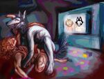 4:3 anal anal_penetration anthro black_tongue canid canine canis clothed clothing dark_room detailed_background digital_media_(artwork) digital_painting_(artwork) duo electronics feet felid flaccid floral_pattern genitals glitch hi_res lion lustsickfailure male male/male mammal on_ground pained_expression painting_(artwork) pantherine partially_clothed penetration penis raised_tail spread_legs spreading tail television tongue toony toy white_body white_skin wolf
