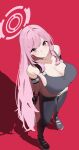  1girl absurdres arm_strap bare_shoulders black_gloves black_shoes blue_archive breasts cleavage collarbone commentary_request crop_top eimi_(armed)_(blue_archive) eimi_(blue_archive) full_body gloves grey_pants grey_sports_bra hair_intakes halo highres hijo_(nakare2845) large_breasts long_hair looking_at_viewer looking_up midriff official_alternate_costume pants parted_lips partial_commentary pink_hair pink_halo red_background shoes sidelocks solo sports_bra standing tight_clothes tight_pants very_long_hair 