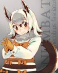  1girl absurdres animal_ear_fluff animal_ears artist_name black_hair blush bow brown_bow brown_dress brown_eyes character_name colored_eyebrows commentary cryptidmagician dress dress_shirt english_commentary fluffy_collar gloves grey_hair hair_between_eyes highres kemono_friends lips long_sleeves medium_hair multicolored_hair numbat_(kemono_friends) own_hands_together parted_lips shirt signature solo striped_clothes striped_dress tail white_hair white_shirt yellow_gloves 