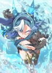  1girl admire_groove_(glacial_queen)_(umamusume) admire_groove_(umamusume) animal_ears black_thighhighs blue_aura blue_dress blue_eyes blue_hair breasts cleavage commentary_request dress ear_covers eye_trail hairband heterochromia highres horse_ears horse_girl horse_tail large_breasts light_trail looking_at_viewer mole mole_under_mouth multicolored_hair necktie purple_eyes red_necktie running see-through_clothes see-through_sleeves short_hair_with_long_locks short_necktie solo streaked_hair tail thighhighs umamusume white_hair white_streaks zukki_(bijitaru) 