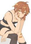  1girl absurdres ahoge arm_on_knee bandaid bandaid_on_face bandaid_on_knee bandaid_on_leg black_shorts black_tank_top black_thighhighs blush_stickers breasts brown_hair cleavage closed_mouth collarbone commentary earrings elbow_on_knee fukano_miyu_(kokuya28) hair_ornament hairclip hand_on_own_face highres jewelry kokuya_(kokuya28) leaning_forward looking_at_viewer midriff navel orange_eyes original panties panty_peek short_shorts shorts simple_background sitting solo tank_top thighhighs thighhighs_pull tomboy underwear white_background white_panties 
