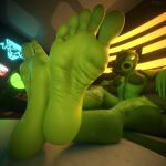 1:1 2026 3d_(artwork) absurd_res anthro arcade breasts close-up clothed clothing digital_media_(artwork) electronic_arts elemental_creature elemental_humanoid feet female fingers flora_fauna foot_fetish foot_focus foot_on_table freckles furniture glistening glistening_feet glowing glowing_eyes green_body hair hair_over_eye hi_res humanoid humanoid_feet leaf leaf_hair looking_at_viewer n00b-body neon peablaze_(leafpaw) peashooter_(pvz) plant plant_hair plant_humanoid plantigrade plants_vs._zombies popcap_games pseudo_hair soles solo table toes yellow_eyes