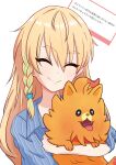  1girl blonde_hair blue_shirt braid closed_eyes closed_mouth crossover green_hair hair_ornament highres holding holding_pokemon hug long_hair marshmallow_(site) multicolored_hair pokemon pokemon_(creature) pombon sample341114 shine_post shirt single_braided_sidelock smile star_(symbol) star_hair_ornament striped_clothes striped_shirt totsuka_nanami two-tone_hair upper_body vertical-striped_clothes vertical-striped_shirt 