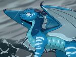 2026 4:3 ambiguous_gender bioluminescence blue_body blue_scales dragon european_mythology feral fin frill_(anatomy) glowing hi_res horn jellybeansontoast long_neck markings membrane_(anatomy) membranous_frill membranous_wings mythological_creature mythological_scalie mythology open_wings quadruped raining scales scalie seawing_(wof) snout solo tsunami_(wof) water western_dragon wings wings_of_fire