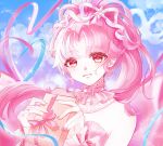  1girl back_bow bare_shoulders birthday blue_sky bow brown_eyes brown_pupils chinese_commentary choker cloud collar commentary_request day detached_collar dress eyelashes eyes_visible_through_hair frilled_choker frilled_wrist_cuffs frills gift gradient_sky grin hair_ornament hair_over_shoulder hair_ribbon happy heart heart_of_string hexagram high_ponytail highres holding holding_gift lanshang91621 large_bow light_blush light_particles lipstick long_hair makeup myriad_poetic_bows_(shining_nikki) nail_polish nikki_(nikki) nikki_(series) outdoors parted_bangs pink_bow pink_choker pink_collar pink_dress pink_hair pink_lips pink_nails pink_ribbon pink_wrist_cuffs ponytail purple_sky ribbon shining_nikki sky smile solo star_(symbol) star_hair_ornament strapless strapless_dress streamers upper_body very_long_hair wrist_bow wrist_cuffs 