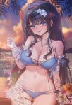  1girl absurdres bare_shoulders beach bikini black_hair blue_bikini blue_eyes bracelet breasts charachan900 cleavage closed_mouth cloud collarbone commentary cowboy_shot cup drinking_glass drinking_straw evening highres jewelry large_breasts lens_flare long_hair navel on_bench outdoors shell_pendant shirayuki_hina shirayuki_hina_(5th_costume) sky solo stellive swimsuit thigh_strap twitter_username untranslatable_commentary virtual_youtuber wet 