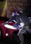 absurd_res alley alley_sex anal anal_penetration anthro asian_mythology avian bent_over_car blue_eyes bodily_fluids brick brick_wall butt caf_winters_(character) car car_hood cum cum_drip cum_from_ass cum_in_ass cum_inside dragon dripping duo east_asian_mythology from_behind_position fur furred_dragon furred_scalie genital_fluids grey_body grey_fur hair hedge hi_res huge_filesize japanese_mythology looking_back male male/male mythological_creature mythological_scalie mythology nicky_(character) open_mouth pawpads paws penetration pink_eyes plant ponytail purple_body purple_fur red_car road scalie sex shrub sidewalk street_lamp tengu tongue tongue_out tubbytubs vehicle wall_(structure) white_body white_fur yokai