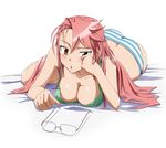  antenna_hair bed blush bra breasts brown_eyes butt_crack cleavage downblouse eyewear_removed glasses green_bra hair_down highschool_of_the_dead large_breasts lingerie long_hair open_mouth panties pink_hair ribonzu solo striped striped_panties takagi_saya underwear underwear_only 