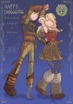  1boy 1girl amputee arm_ribbon arm_up arm_warmers armor armpits artist_name astrid_hofferson belt black_armor black_belt blonde_hair blue_background blue_eyes blue_pants boots border braid braided_ponytail brown_arm_warmers brown_armor brown_boots brown_gauntlets brown_gloves brown_hair brown_headband brown_leg_warmers brown_ribbon brown_shoes brown_skirt character_name copyright_name couple dancing english_text fake_horns fingerless_gloves full_body fur-trimmed_arm_warmers fur-trimmed_hood fur-trimmed_leg_warmers fur_trim gauntlets gloves green_eyes green_pants green_shirt grey_armor grey_helmet grey_hood hair_between_eyes hair_over_shoulder happy headband helmet hiccup_horrendous_haddock_iii highres holding_hands hood hood_down horned_helmet horns how_to_train_your_dragon_(series) how_to_train_your_dragon_2 leather_armor leg_warmers long_hair long_sleeves looking_at_another low_ponytail miniskirt mistletoe multiple_braids no_139401 one_eye_closed pants parted_bangs parted_lips ponytail prosthetic_foot red_shirt ribbon shirt shoes short_hair shoulder_armor sidelocks single_boot single_braid skirt skull skull_ornament sleeveless sleeveless_shirt smile spiked_skirt twitter_username two-tone_armor unworn_headwear unworn_helmet 