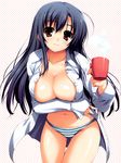  absurdres blue_hair breast_hold breasts cleavage cup hands highres large_breasts long_hair mug no_pants open_clothes open_shirt original panties shirt smile solo striped striped_panties tomose_shunsaku underwear 