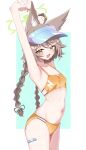  1girl absurdres ahoge animal_ears armpits arms_up bandaid bandaid_on_leg bikini blacktalon_95 blue_archive blue_visor_cap braid breasts brown_hair commentary cowboy_shot fox_ears green_eyes green_halo halo highres lightning_bolt_print long_hair looking_at_viewer low_twin_braids low_twintails open_mouth orange_bikini otogi_(blue_archive) otogi_(c108_swimsuit)_(blue_archive) small_breasts smile solo sports_bikini stretching sweaty_armpits swimsuit twin_braids twintails visor_cap 