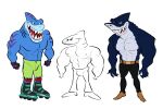 2024 4_fingers absurd_res anthro aquatic belt black_bottomwear black_clothing black_footwear black_pants black_shoes blue_body bottomwear brown_clothing brown_footwear brown_shoes clothed clothing dress_shoes fin fingers fish footwear gills gloves green_bottomwear green_clothing green_footwear green_shoes green_shorts group handwear hi_res inline_skates knee_pads male muscular muscular_anthro muscular_male nipples pants roller_skates shark sharp_teeth shirtless shirtless_anthro shirtless_male shoes shorts showing_teeth smile sveekins teeth tight_bottomwear tight_clothing tight_pants topless trio