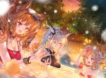  3girls absurdres angelina_(arknights) angelina_(summer_flower)_(arknights) animal_ears arknights bikini black_collar black_one-piece_swimsuit breasts casual_one-piece_swimsuit collar commentary_request demon_horns earpiece eyjafjalla_(arknights) eyjafjalla_(summer_flower)_(arknights) flower fox_ears fox_girl goat_ears goat_horns hair_flower hair_ornament hibiscus highres horns infection_monitor_(arknights) long_pointy_ears multiple_girls niii off-shoulder_bikini off_shoulder official_alternate_costume one-piece_swimsuit onsen pink_bikini pink_flower plaid_bikini plaid_clothes pointy_ears red_one-piece_swimsuit red_ribbon ribbon same-sex_bathing shared_bathing sheep sheep_ears sheep_girl sheep_horns shining_(arknights) shining_(silent_night)_(arknights) swimsuit twintails 