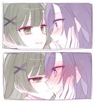  2girls bang_dream! bang_dream!_yumemita blush bob_cut commentary_request eye_contact face-to-face fuji_miyako fuji_miyako_(real) green_hair hair_ornament hand_on_another's_cheek hand_on_another's_face highres imminent_kiss kiss long_hair looking_at_another multiple_girls ningen_aku purple_eyes purple_hair viola_(bang_dream!) x_hair_ornament yuri 