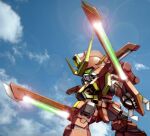  blue_sky chest_cannon chibi cloud commentary_request day dual_wielding energy_sword green_eyes gundam gundam_seed gundam_seed_astray gundam_seed_msv heavy_lens_flare holding holding_sword holding_weapon legs_apart lens_flare mecha mecha_focus mobile_suit no_humans outdoors radio_antenna robot science_fiction sd_gundam sky solo standing sword sword_calamity tatsuya1227 twisted_torso v-fin weapon 