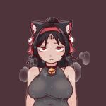  1girl animal_ear_fluff animal_ears bare_shoulders bell black_hair blush_stickers breasts cat_ears cat_girl closed_mouth commentary_request facial_mark forehead_mark hairband highres jingle_bell korean_commentary long_hair looking_at_viewer medium_breasts neck_bell nekomiya_mana red_eyes red_hairband rogue_dojeog solo sweat very_sweaty zenless_zone_zero 